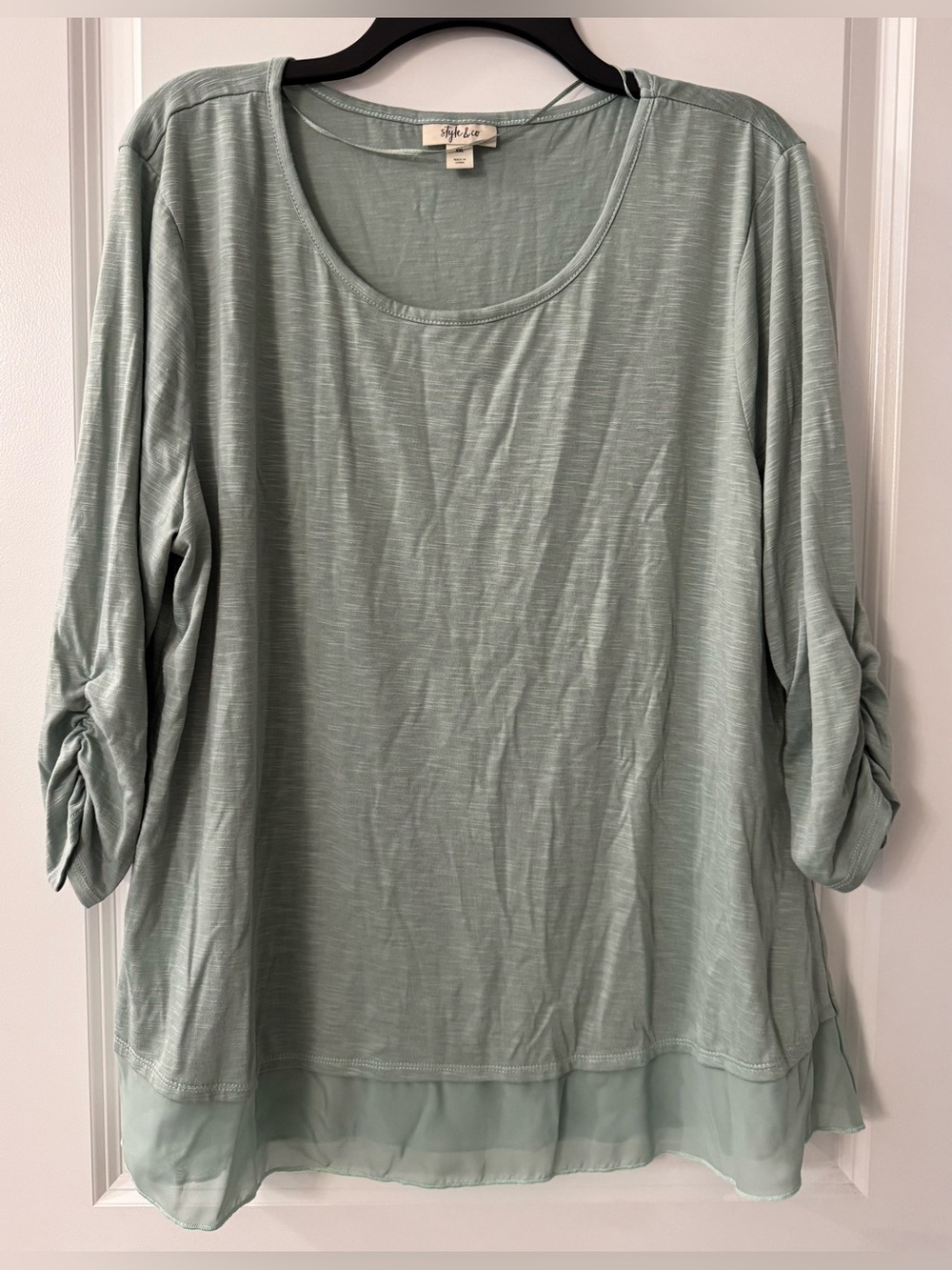 #z298 Style & Co. Slub Texture Chiffon Layered Hem Pullover Top Mint Fizz Green